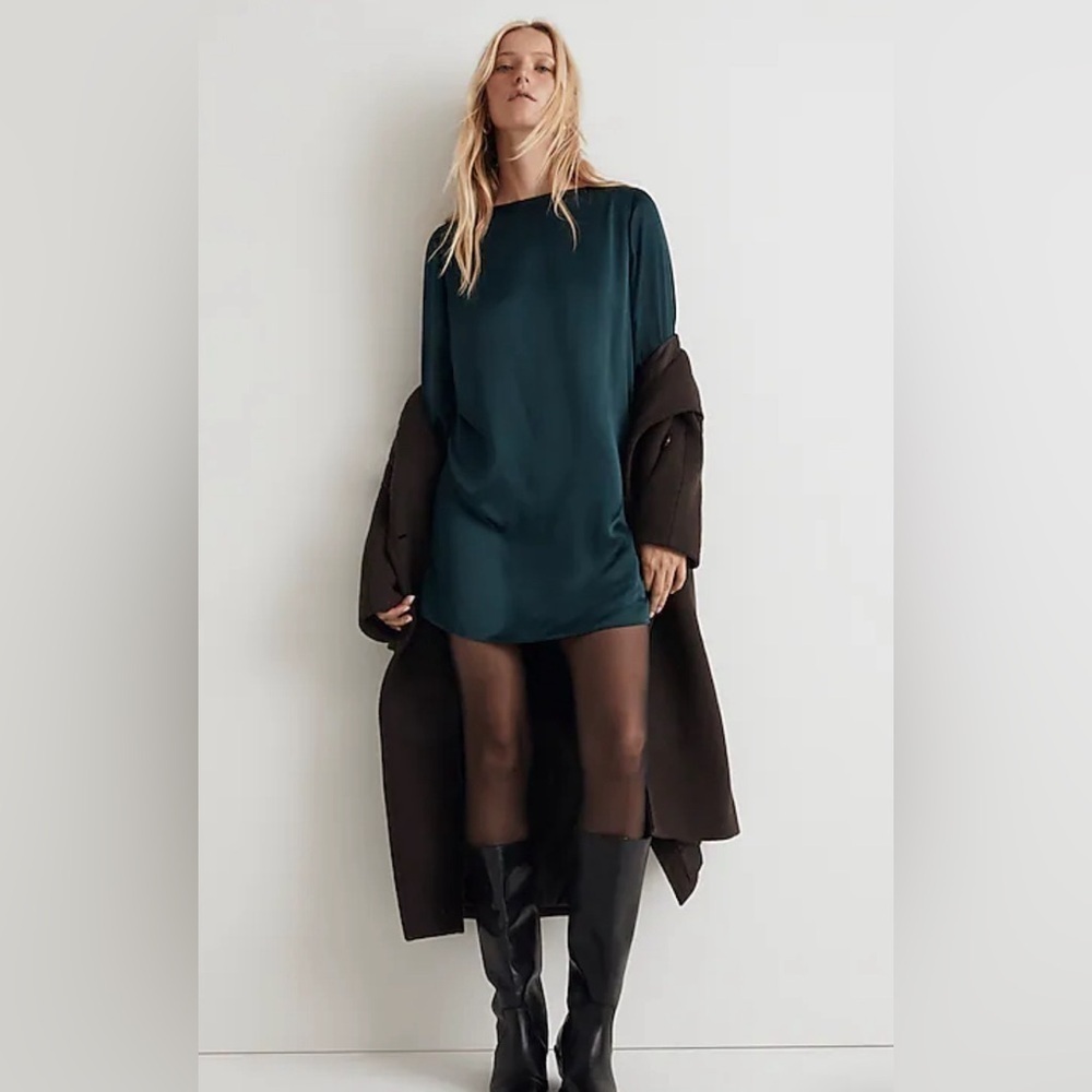 Madewell Satin Shift Bell Sleeve Mini Dress Smoky Spruce Green XS NWOT N11